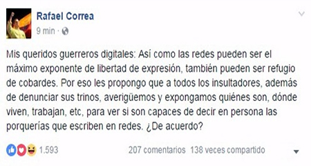 Facebook da de baja mensaje de Correa para proteger a sus usuarios