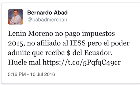 Suspenden cuenta de Twitter de periodista Bernardo Abad por decir que Lenin Moreno no pag impuestos en 2015