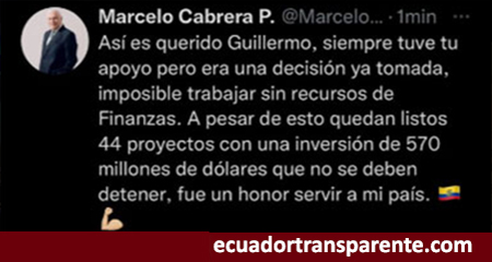 Marcelo Cabrera, ministro de Obras Pblicas deja el cargo agradeciendo pero quejndose que no hubo recursos